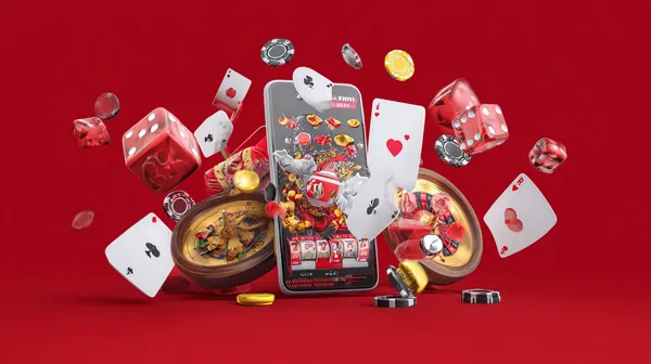 A woman smiling while playing online games on her laptop, surrounded by neon casino elements, showcasing JAYA’s diverse game collection.